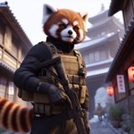 4_fingers anthro armor asian ballistic_vest belt black_nose bottomwear brown_body brown_eyes brown_fur building cheek_tuft clothing facial_tuft fingers fluffy fluffy_tail fur gloves gun handwear holster long_sleeves long_tail male markings mercenary military military_uniform pants ranged_weapon red_body red_fur rifle shirt solo t-shirt tail_markings topwear tuft uniform vest weapon whiskers nikkolaus ailurid mammal red_panda