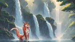 anthro bathing black_sclera breasts chest_tuft female fluffy fur green_eyes hair hi_res lake medium_breasts messy_hair nature nature_background neck_tuft nude oldhroft partially_submerged red_body sergal smile solo thick_tail tuft wallpaper water waterfall wet wet_body wet_fur