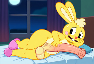 animal_genitalia animal_penis anthro balls bed bedroom big_balls big_penis blush bodily_fluids buckteeth clothing embarrassed equine_penis footwear footwear_only fur furniture genitals holding_penis huge_penis hyper hyper_genitalia hyper_penis inside looking_away lying lying_on_side male medial_ring moon mostly_nude nervous night nude on_bed on_side open_mouth penis pillow pink_clothing pink_footwear saggy_balls slippers solo sweat sweatdrop teeth thick_thighs vein veiny_penis yellow_body yellow_fur boxen549 happy_tree_friends mondo_media cuddles_(htf) lagomorph leporid mammal rabbit novelai