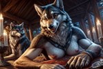 anthro beach breasts building canid canine canis casual_nudity duo female fur genitals grey_body grey_fur group house male male/female mammal nipples nude plant seaside ulfur5605 wolf