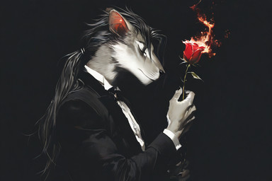 anthro black_hair clothing dark_background eyes_closed flower fur grey_body grey_fur hair holding_object long_hair male plant ponytail rose_(flower) side_view solo standing suit upper_body kbi humanoid mammal murid murine rat rodent 2025