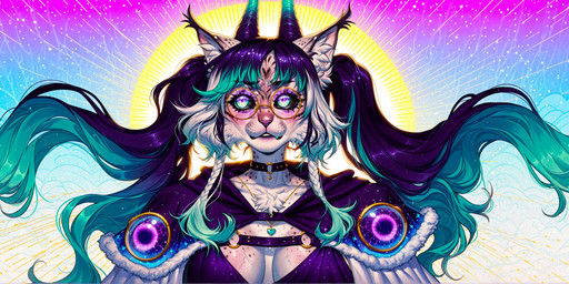 big_breasts blush braided_hair breasts choker clothing coat double_ponytail ethereal eyewear female fluffy glasses gradient_fur gradient_hair green_fangs green_hair hair horn jewelry light long_hair magic magic_user markings necklace purple_hair simple_background slim_body solo sunlight topwear akhiezer felid feline lynx mammal absurd_res hi_res