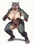 abs anthro asian_clothing big_breasts breasts chest_tuft clenched_teeth clothing east_asian_clothing female fighting_pose fist fur glistening glistening_breasts grey_body grey_fur huge_breasts japanese_clothing looking_at_viewer maebari mostly_nude muscular muscular_female narrowed_eyes neck_tuft nipple_outline pasties pose smile solo teeth tuft anonymous_director canid canine canis mammal wolf hi_res