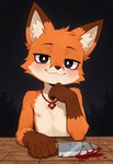 anthro black_background black_eyes blood bodily_fluids cute_expression cute_eyes furniture jewelry knife looking_at_viewer necklace orange_body pupils red_jewelry red_necklace simple_background smile smiling_at_viewer solo table white_pupils synaker canid canine fox mammal 2025 colored hi_res