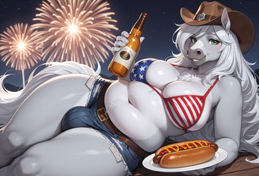 alcohol american_flag_bikini anthro beer belly belt belt_buckle beverage big_breasts bikini bikini_top bottle bottomwear breasts bulge chest_tuft cleavage clothed clothing cowboy_hat cutoffs denim denim_clothing fireworks food fur green_eyes grey_body grey_fur gynomorph hair hat headgear headwear hot_dog intersex navel night overweight shorts skindentation slightly_chubby solo solo_focus solo_gynomorph stars_and_stripes swimwear thick_thighs tuft united_states_of_america white_hair wide_hips katka equid equine horse mammal hi_res
