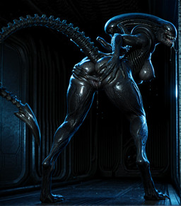 anthro black_body black_skin bodily_fluids butt deep_skin female glistening glistening_body raised_tail saliva saliva_string science_fiction sharp_teeth solo spread_butt spreading teeth purrfectlyai alien monster xenomorph absurd_res hi_res