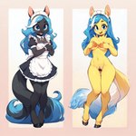 anthro asian_clothing black_body blue_eyes blue_hair breasts clothing covering covering_breasts cute_expression duo east_asian_clothing female female/female genitals hair happy hooves japanese_clothing looking_at_viewer maebari maid_headdress maid_uniform uniform yellow_body warvilton equid equine mammal hi_res