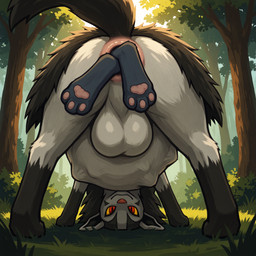 almost_fully_inside anal anal_vore anus backsack balls belly big_belly black_body black_fur day duo feral forest fur genitals grass grey_balls grey_body grey_fur looking_back looking_through looking_through_legs male nature nature_background outside pawpads perineum pink_anus pink_nose pink_pawpads plant quadruped raised_tail rear_view red_eyes red_nose shrub tail tree vore yellow_sclera thedavid nintendo pokemon generation_3_pokemon generation_4_pokemon lucario mightyena pokemon_(species) hi_res