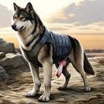 amber_eyes animal_genitalia animal_penis balls canine_genitalia canine_penis clothing feral genitals knot male outdoors penis red_penis solo standing topwear vest nekdoneco321 canid canine canis mammal wolf