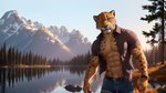 abs absurd_res anthro areola bottomwear bulge bumblebee95 cheetah clothed clothing detailed_background felid feline hi_res looking_at_viewer male mammal muscular nipples open_clothing open_shirt open_topwear partially_clothed pecs realistic shirt shorts solo topwear wallpaper