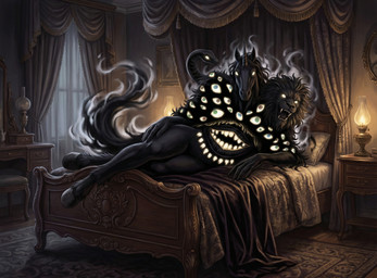 3_heads anthro bed bed_sheet bedding bedroom carpet curtains female furniture glowing glowing_eyes hooves horn horror_(theme) inside lamp looking_at_viewer lying lying_on_bed multi_eye multi_head mythology on_bed on_side semi-anthro smoke solo stomach_mouth teeth window tyto4tme4l date_everything nightmare_(date_everything) chimera equid equine felid lion mammal pantherine reptile scalie snake unicorn hi_res