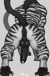 anthro anus big_penis black_penis black_stripes bodily_fluids butt cum cum_drip dripping fur genital_fluids genitals humanoid_genitalia humanoid_penis male male_focus muscular muscular_male orgasm pawpads paws penis presenting presenting_hindquarters puffy_anus simple_background solo striped_body striped_fur stripes vein veiny_penis avaru felid feline humanoid mammal 2023 hi_res monochrome tagme