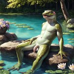 anthro balls biped countershade_face countershade_torso countershading feet fingers flaccid flower genitals green_body lily_pad male open_mouth open_smile partially_submerged penis plant smile solo toes water logically amphibian frog hi_res