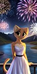 anthro breasts brown_eyes chest_tuft cleavage clothed clothing dress facial_tuft felid female fireworks fur hi_res katia_managan khajiit kibermozgai looking_at_viewer mammal mountains river solo tuft white_clothing white_dress yellow_body yellow_fur