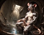 anthro athletic balls erection fog foreskin genitals grin hi_res humanoid_genitalia humanoid_penis looking_away male mammal murid murine nipple_piercing nipples penis piercing rat rayden red_eyes rodent sewer smile solo tongue tongue_out vein veiny_arm veiny_muscles