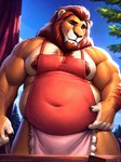 anthro apron auburn_hair beard belly body_hair chest_hair clothing facial_hair felid hairy james_the_lion lion looking_at_viewer lysander_(director) male mammal mane musclegut muscular nipples overweight overweight_male pantherine seductive solo tan_body