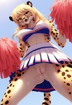 anthro bodily_fluids bottomwear casual_exposure casual_nudity cheerleader cheerleader_outfit clothing female genital_fluids genitals pussy pussy_juice skirt solo upskirt daryexai mihari cheetah felid feline mammal hi_res