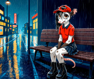 baseball_cap bench black_hair blue_clothing bodily_fluids boots bottomwear brown_eyes building city clothed clothing crying delivery_(commerce) delivery_employee detailed_background dirty female footwear fur hair hat headgear headwear looking_at_viewer makeup_running multicolored_body multicolored_fur night open_mouth outside pink_nose puddle raining red_clothing sad shirt shoes sitting skirt solo splash street street_lamp tail tears teeth text text_on_clothing text_on_hat text_on_headwear topwear uniform wet whiskers white_body white_fur anonymous_director alice_(a.d.) american_opossum didelphid mammal marsupial english_text hi_res