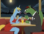 anthro beverage black_tie_(suit) clothed clothing diner duo eating female food furniture horn looking_at_another male male/female moon night night_sky restaurant romantic romantic_couple suit table unicorn_horn window wings matt3985_(director) yerticus equid equine horse mammal pegasus unicorn signature