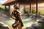 african_wild_dog anthro building canid canine hot_spring inviting jadenawd looking_at_viewer looking_back looking_back_at_viewer male mammal nude plant rear_view rock seductive solo standing water