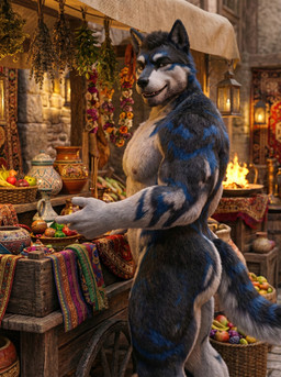 anthro blue_body blue_fur exhibitionism fire flower food fruit fur furniture looking_at_viewer male market medieval muscular muscular_anthro muscular_male nude outside plant smile solo standing store sweet_husbando canid canine canis mammal wolf absurd_res hi_res