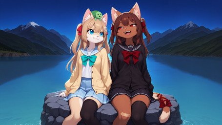 2026 accessory alternate_species anthro aqua_bowtie band-aid_on_knee black_bottomwear black_cardigan black_clothing black_eyes black_legwear black_skirt black_thigh_highs blue_bottomwear blue_clothing blue_eyes blue_skirt bottomwear breasts brown_body brown_fur brown_hair cardigan carrying clothed clothing dark_red_bowtie dark_red_ribbon dipstick_ears dipstick_tail female feral fur furgonomic furrification green_body group hair hair_accessory hair_ribbon half-closed_eyes heart_hair_ornament inner_ear_fluff japanese_school_uniform legwear light_brown_hair long_hair markings medium_breasts mountains multicolored_body multicolored_ears multicolored_fur narrowed_eyes night on_head open_clothing open_mouth outside pink_nose red_eyes red_ribbon ribbons serafuku shell single_thigh_highs sitting_on_rock skirt skull_hair_ornament smile tail_accessory tail_markings tail_ribbon tan_body tan_fur teeth thigh_highs tongue trio tuft two_tone_body two_tone_fur water white_body white_fur yellow_cardigan oarebt neuroverse evil_(neuroverse) neuro_(neuroverse) vedal_(neuroverse) felid feline mammal reptile scalie turtle hi_res