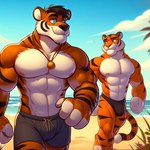 abs anthro bulge clothing duo felid jewelry male male/male mammal muscular necklace nipples pantherine plant sand sea shirtless speedo swimwear tiger water zidanes123