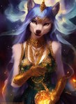 anthro attempted_signature blue_hair canid canine female fur hair jewelry long_hair magic magic_user mammal solo tahlia_(director) white_body white_fur