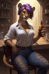 alcohol amber_eyes anthro athletic athletic_female bar beer beverage big_breasts blue_bottomwear blue_clothing blue_jeans blue_pants bottomwear breasts chair clothing curvy_figure denim denim_clothing detailed_background drinking drunk female furniture hair jeans liquor_bottle long_hair on_chair pants purple_hair sitting sitting_on_chair solo substance_intoxication tavern torn_bottomwear torn_clothing torn_pants white_blouse hellapoc felid lion mammal pantherine