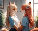 anthro blonde_hair blush bottomwear clothing duo female female/female fur hair long_hair looking_at_viewer red_hair shorts skirt smile smiling_at_viewer magacitl canid canine fox mammal animated webm