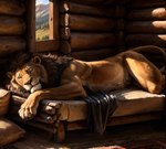 anthro bed bedding blanket cabin felid furniture keebler lion lying lying_on_bed male mammal nude on_bed pantherine paws sleeping smile solo whiskers