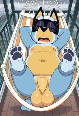 anthro balls belly big_balls big_balls_small_cock blue_body blue_fur bodily_fluids drooling eyes_closed flaccid foreskin foreskin_overhang fur furniture genitals hammock hands_behind_head humanoid_genitalia humanoid_penis legs_up long_foreskin lying male navel nipples nude on_back open_mouth outside paws penis raining saggy_balls saliva sleeping slightly_chubby solo unretracted_foreskin boxen549 bluey_(series) bandit_heeler australian_cattle_dog canid canine canis cattledog domestic_dog herding_dog mammal pastoral_dog hi_res