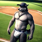 absurd_res anthro baseball_cap bulge canid canine canis clothing hat headgear headwear hi_res jockstrap male mammal nipples outdoors outside pecs pup_tobey seductive solo sport superabsurd_res underwear wolf