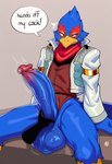 anthro balls beak big_balls big_penis blue_balls blue_body blue_feathers bodily_fluids bottomless clothed clothing dialogue disembodied_hand duo erection feathers genital_fluids genitals glans green_eyes huge_penis humanoid_genitalia humanoid_penis jacket male non-mammal_balls penis pink_glans precum simple_background sitting speech_bubble text thick_penis throbbing throbbing_penis topwear vein veiny_penis hellsonger nintendo star_fox falco_lombardi avian bird english_text hi_res