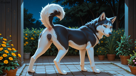 all_fours animal_genitalia animal_pussy anus black_body black_fur blue_eyes butt canine_genitalia canine_pussy collar ears_up eyebrows eyelashes female flower fur garden genitals inviting jewelry light looking_at_viewer moonlight mouth_closed multicolored_body multicolored_fur nature nature_background necklace night outside paws plant plant_pot presenting presenting_anus presenting_hindquarters presenting_pussy pussy raised_tail seductive shrub sky smile smiling_at_viewer snout solo standing star tail tree two_tone_body two_tone_fur wall_(structure) white_body white_fur wood_wall skrilleth canid canine canis domestic_dog husky mammal nordic_sled_dog spitz hi_res