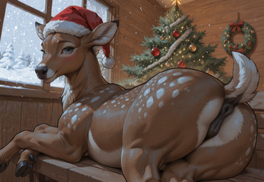 anus black_nose blue_eyes bodily_fluids brown_body brown_fur butt cervine_genitalia cervine_pussy christmas christmas_clothing christmas_headwear clitoral_winking clitoris clothing female feral fur genital_fluids genitals hat headgear headwear looking_at_viewer looking_back looking_back_at_viewer plant presenting presenting_hindquarters presenting_pussy pussy pussy_juice realistic_feral rear_view santa_hat smile solo standing tree mare_fan_ultimate cervid cervine mammal hi_res