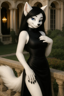 anthro blue_eyes clothing dark_hair female smile solo white_body foxytaill arctic_fox canid canine fox mammal hi_res