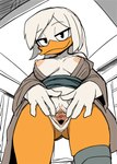 anatid anseriform anthro asian_clothing avian beak bedroom_eyes bird black_eyes blush breasts clothing cloud9999 cybernetic_leg cybernetic_limb della_duck disney duck ducktales ducktales_(2017) east_asian_clothing eyebrows feathers female genitals hair hi_res japanese_clothing looking_at_viewer low-angle_view narrowed_eyes nipple_slip nipples non-mammal_breasts non-mammal_nipples orange_legs pussy raised_eyebrows seductive shaded simple_shading solo spread_pussy spreading standing white_body white_feathers white_hair yukata