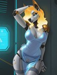 anthro black_sclera blue_eyes clothed clothing director_name female futuristic genitals glowing glowing_hair hair lingerie long_hair machine markings mechanical_arms mechanical_hand mechanical_joints mechanical_legs nails partially_clothed pussy robotic solo translucent translucent_clothing gilkardex cervid mammal robot hi_res signature