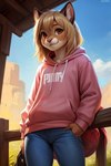 blonde_hair bottomwear brown_eyes clothing denim denim_clothing female fluffy_ears fur hair hoodie jeans pants pink_nose smile solo tabby_(mindry) tan_body tan_fur topwear mindry cougar felid feline mammal