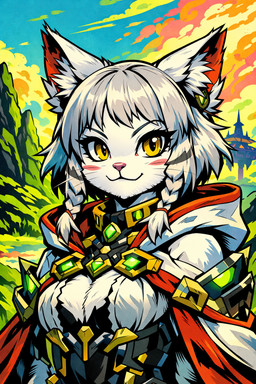 anthro blush blush_stickers braided_hair breasts cape clothing eyelashes female fur grey_hair hair inner_ear_fluff outside short_hair smile smiling_at_viewer solo tuft white_body white_fur yellow_eyes felid feline mammal hi_res