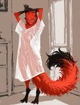 3_toes 4_fingers arms_above_head black_highlights blue_eyes breasts claws clothing digitigrade featureless_crotch feet female fingers fluffy fluffy_tail fur highlights_(coloring) inside long_tail looking_at_viewer neck_tuft neutral_expression nipple_outline nipples oversized_shirt red_body red_fur seductive slim slim_female small_breasts solo standing thick_tail toes translucent translucent_clothing tuft oldhroft canid canine fox furred_kobold hybrid kobold mammal absurd_res hi_res