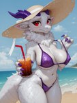 4_fingers anthro beach beverage big_breasts bikini blush blush_lines blushing_at_viewer breasts claws clothing clothing_pull cloud crotch_tuft female fingers fur horn inner_ear_fluff natural_breasts neck_tuft purple_bikini purple_claws purple_clothing purple_horn purple_swimwear reaching_towards_viewer red_eyes sand scales sea seaside solo standing straw sun_hat swimwear tuft water white_body white_fur white_scales scalesai hymonie_fluffscale(fluffscaler) furred_kobold furred_scalie kobold absurd_res hi_res