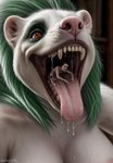 anthro bodily_fluids dripping duo fangs female female/female fur green_hair hair hi_res human lips mammal mephitid micro mouth_shot open_mouth orange_eyes saliva saliva_drip saliva_string skunk stablexaivore swallowing teeth tongue tongue_out vore white_body white_fur