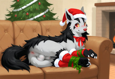 3_toes animal_genitalia anus arm_warmers armwear backsack balls bdsm black_body black_fur black_hair black_pawpads black_tail blush bondage bound bow_(feature) bow_ribbon butt christmas christmas_clothing christmas_decorations christmas_headwear christmas_tree claws clothed clothed_feral clothing detailed_background fangs feet feral finger_claws fire fireplace fluffy fully_sheathed fur furniture genitals gift grey_body grey_fur grey_genitals hair hat headgear headwear holidays inside leg_warmers legwear looking_at_viewer lying male male_feral monotone_balls monotone_genitals mostly_nude multicolored_body multicolored_fur on_side on_sofa pawpads paws penis penis_tip perineum pink_anus pink_genitals plant presenting presenting_anus presenting_balls presenting_hindquarters quadruped red_clothing red_eyes red_hat red_headwear red_legwear red_nose ribbons santa_hat sheath smile sofa solo tail teeth toe_claws toes tree tuft two_tone_body two_tone_fur white_claws yellow_sclera tempting_(director) nintendo pokemon canid canine generation_3_pokemon mammal mightyena pokemon_(species) hi_res