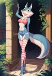 anthro bottomwear clothing crop_top female hotpants legwear long_legs outside pose shirt shorts solo standing stockings topwear foxlover7796 porsha_crystal canid canine canis mammal wolf hi_res