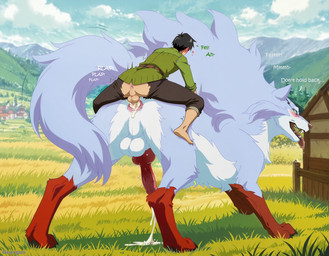 <3 all_fours anal anal_penetration anatomically_correct anatomically_correct_genitalia animal_genitalia animal_penis anime_style anus aroused balls bestiality big_balls big_penis blue_body blue_eyes blue_fur bodily_fluids bottomwear breath brown_bottomwear brown_clothing brown_pants canine_genitalia canine_penis claws clothing cum cum_drip cum_in_ass cum_inside day detailed_background dripping duo ejaculation erection fangs feral feral_penetrated fluffy fluffy_balls fluffy_fur fluffy_tail footwear from_behind_position fur furry_body genital_fluids genitals gloves_(marking) grass grass_field grassland green_clothing green_shirt green_topwear grey_body grey_fur human_on_feral human_on_male human_on_top human_penetrating human_penetrating_feral human_penetrating_male interspecies knot larger_feral larger_male leaking_cum light looking_at_another looking_pleasured lying lying_on_another male male/male male_feral male_on_human male_penetrated markings medieval medieval_background multicolored_body mythology neck_tuft open_mouth outside panting pants pawpads paws penetration penis pink_anus plant presenting presenting_balls presenting_penis rear_view red_pawpads red_penis sex shaking sharp_teeth sheath sheath_tuft shirt shocked shrub size_difference smaller_human smaller_male smaller_on_top tail teeth throbbing_penis tongue tongue_out topwear trembling tuft two_tone_body village georgus campfire_cooking_in_another_world_with_my_absurd_skill fel_(fenrir) mukoda_tsuyoshi canid canine canis human mammal mythological_creature hi_res