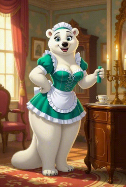 anthro breasts clothed clothing elegant exposed_breasts female fur inside maid_uniform smile smiling_at_viewer solo topless uniform white_body white_fur chacha555 mammal polar_bear ursid ursine animated