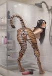 anthro bent_over black_hair butt digitigrade dildo eyes_closed female fur genitals goo_transformation hair human_to_anthro long_hair mid_transformation nude orange_body orange_fur presenting presenting_hindquarters presenting_pussy pussy sex_toy shower smile solo species_transformation spread_pussy spreading standing transformation director_crashbandit felid human mammal pantherine tiger hi_res novelai