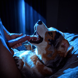 4_toes 5_fingers ambiguous_gender balls bed bodily_fluids canine_teeth claws collar cum cum_string dark_background duo feet feral fingers furniture genital_fluids genitals hands looking_at_another looking_at_partner looking_up lying male masturbation night on_back on_top open_mouth particles paws penis realistic toes tongue tongue_out pleasedontlook australian_shepherd canid canine canis domestic_dog herding_dog human mammal pastoral_dog sheepdog hi_res